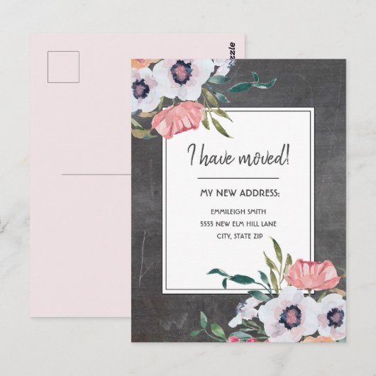 Bewegende aankondiging Chalkboard Roze White Flora Briefkaart (Voorkant / Achterkant)