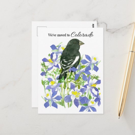 Bewegende aankondiging Colorado Bunting Columbine Briefkaart (Voorkant / Achterkant in situ)