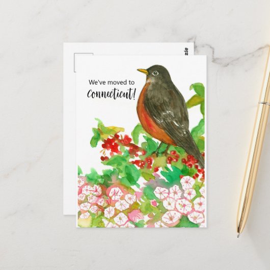 Bewegende aankondiging Connecticut Robin Laurel Briefkaart (Voorkant / Achterkant in situ)