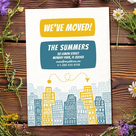 Bewegende Aankondiging Geel & Blauw Retro Gebouwen