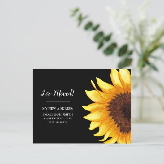 Bewegende aankondiging Geel Zonnebloem Zwart Briefkaart (Staand voorkant)