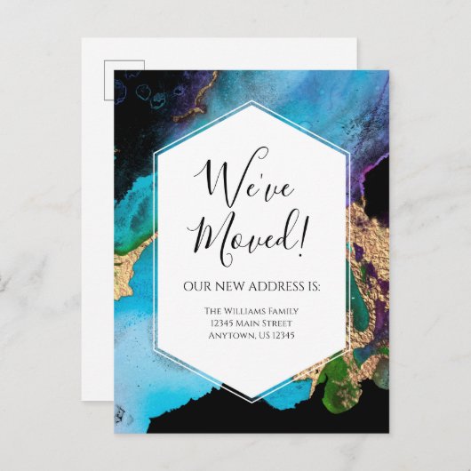 Bewegende aankondiging Gold Blue Black Ink Modern Briefkaart (Voorkant / Achterkant)