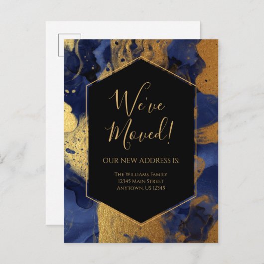 Bewegende aankondiging Gold Blue Marble Ink Modern Briefkaart (Voorkant / Achterkant)