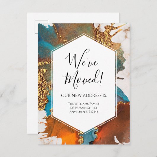 Bewegende aankondiging Gold Blue Marble Ink Modern Briefkaart (Voorkant / Achterkant)