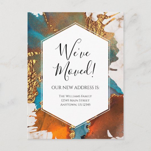 Bewegende aankondiging Gold Blue Marble Ink Modern Briefkaart (Voorkant)