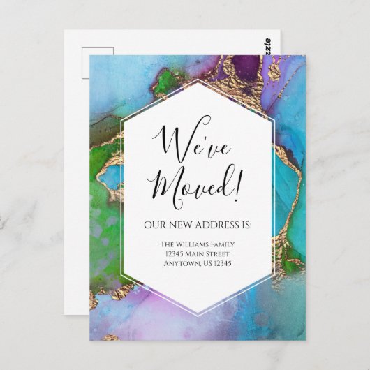 Bewegende aankondiging Gold Blue Paarse Ink Modern Briefkaart (Voorkant / Achterkant)