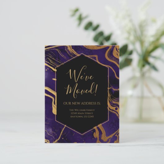 Bewegende aankondiging Gold Paarse marble Ink Mode Briefkaart (Staand voorkant)