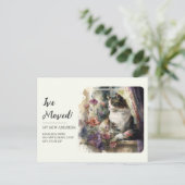 Bewegende Aankondiging Kat Venster Paars Bloemen Briefkaart (Staand voorkant)