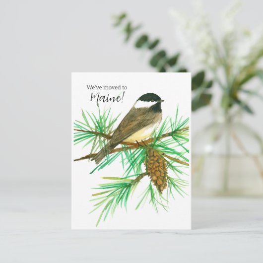 Bewegende aankondiging Maine Chickadee Pinecone Tr Briefkaart (Staand voorkant)