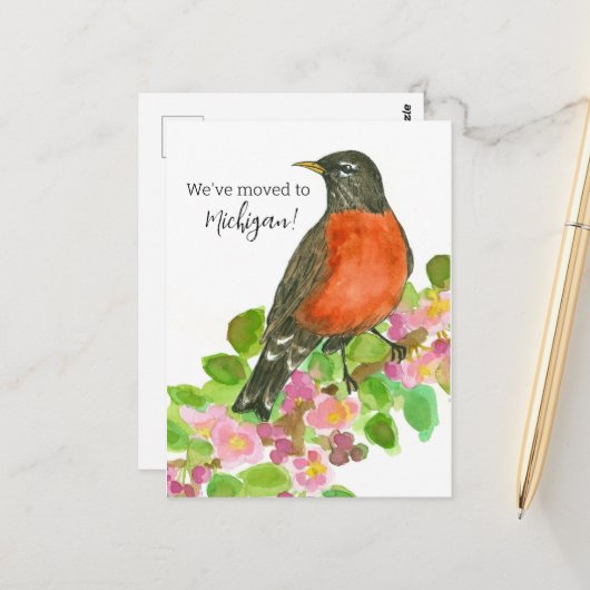 Bewegende aankondiging Michigan Robin Apple Blosso Briefkaart (Voorkant / Achterkant in situ)