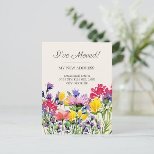 Bewegende bekendmaking Paarse gele wilde bloemen Briefkaart (Staand voorkant)