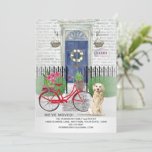 Bewegende Golden Retriever Hond Fiets Blauwe Deur Aankondiging (Staand voorkant)