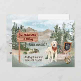 Bewegende Goldendoodle Pine Bossen Nieuw Adres Aankondigingskaart