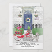 Bewegende Poedel Hond Fiets Blauwe Deur Nieuw Huis Aankondiging (Voorkant)