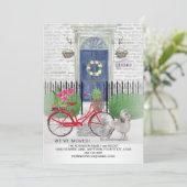 Bewegende Poedel Hond Fiets Blauwe Deur Nieuw Huis Aankondiging (Staand voorkant)