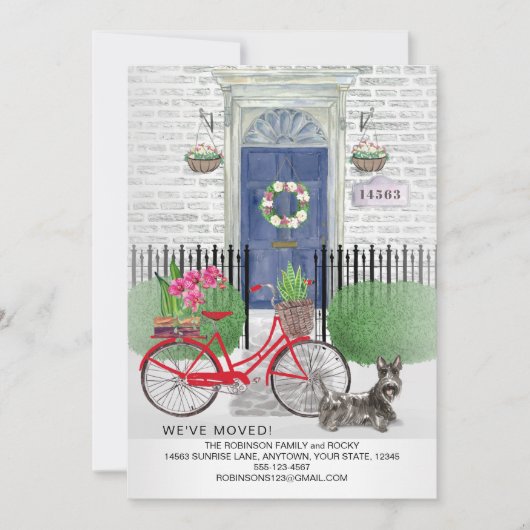 Bewegende Schotse Terriër Fiets Blauwe Deur Huis Aankondiging (Voorkant)