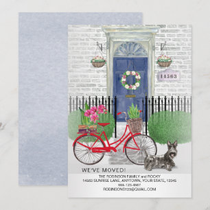 Bewegende Schotse Terriër Fiets Blauwe Deur Huis Aankondiging
