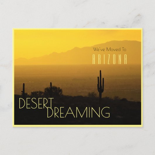 Beweging naar Arizona Yellow Sunset Saguaro Cactus Aankondigingskaart (Voorkant)