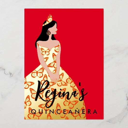 Bewerk huid- en haarkleur Quinceañera folie uitnod Folie Uitnodiging (Voorkant)