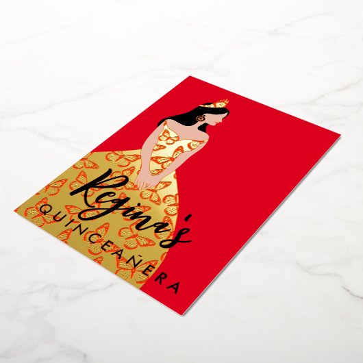Bewerk huid- en haarkleur Quinceañera folie uitnod Folie Uitnodiging (Gedraaid)