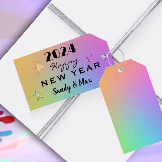 Bewerk JAAR, Gradiënt Regenboog Gelukkig Nieuwjaar Cadeaulabel