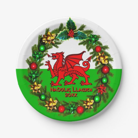Bewerk Tekst Jaar Welsh Vlag Rode Draak Kerst 7" Papieren Bordje (Voorkant)