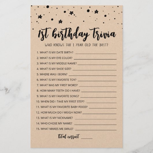 Bewerkbaar 1e verjaardag trivia Verjaardagsfeestsp (Voorkant)