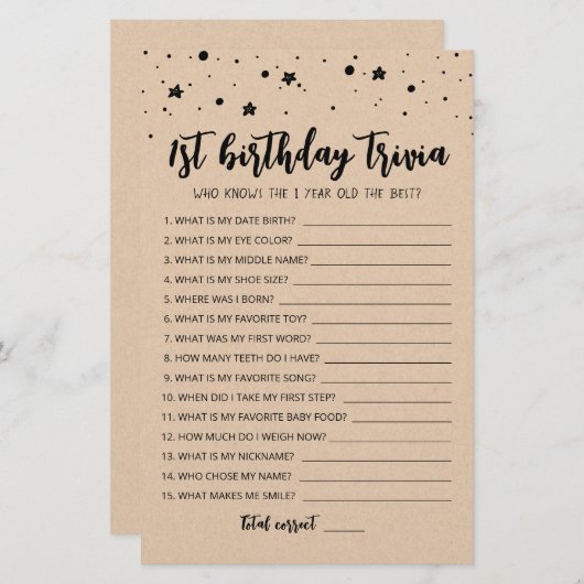 Bewerkbaar 1e verjaardag trivia Verjaardagsfeestsp (Voorkant / Achterkant)