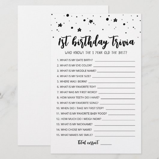 Bewerkbaar 1e verjaardag trivia Verjaardagsfeestsp (Voorkant / Achterkant)