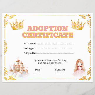 Bewerkbaar adoptiecertificaat voor prinsessenpop flyer