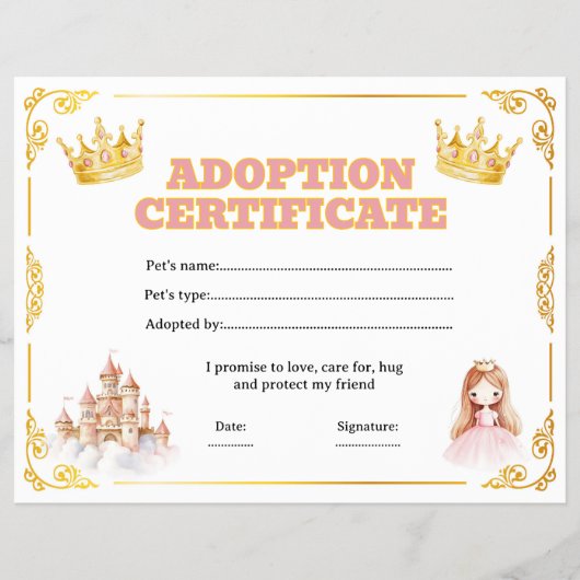Bewerkbaar adoptiecertificaat voor prinsessenpop flyer (Voorkant)
