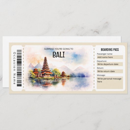 Bewerkbaar Bali Plane Boarding Pass Ticket Kaart (Voorkant / Achterkant)