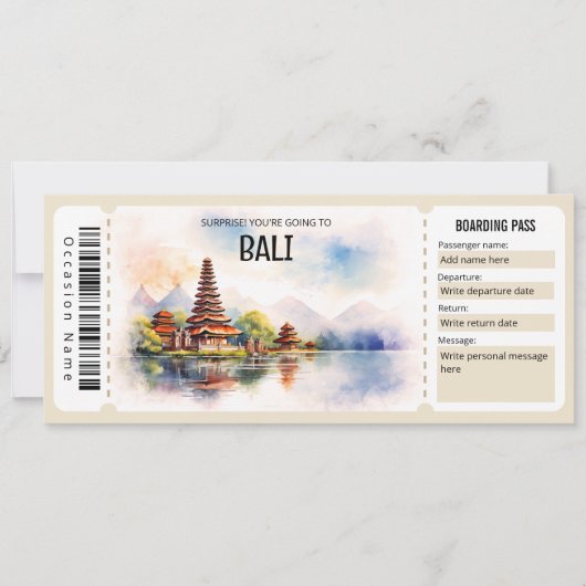 Bewerkbaar Bali Plane Boarding Pass Ticket Kaart (Voorkant)