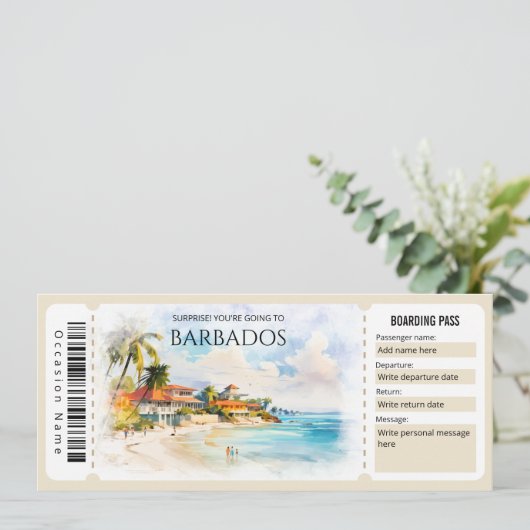 Bewerkbaar Barbados vliegtuig instapkaart ticket Kaart (Staand voorkant)