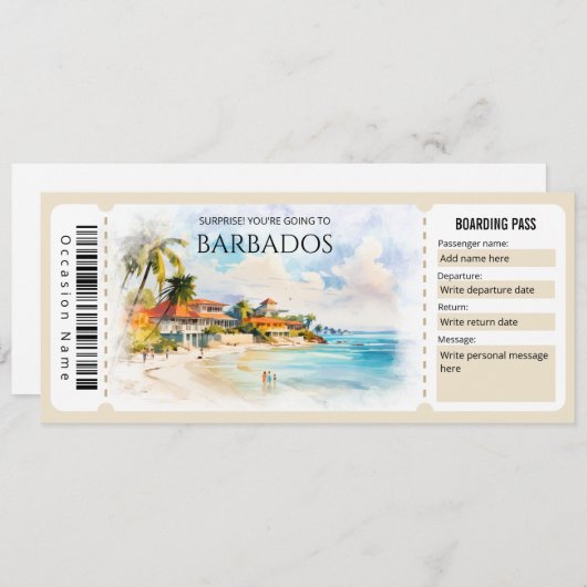 Bewerkbaar Barbados vliegtuig instapkaart ticket Kaart (Voorkant / Achterkant)