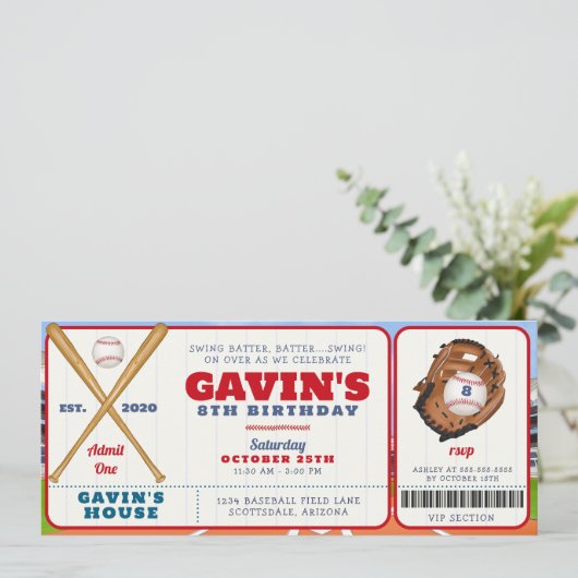 Bewerkbaar Baseball Ticket Sport Verjaardagsfeest Kaart (Staand voorkant)