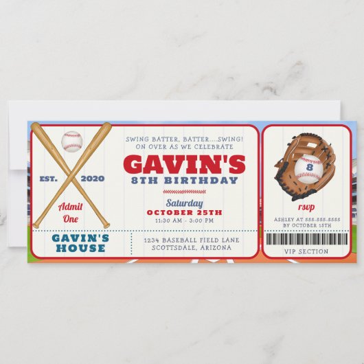 Bewerkbaar Baseball Ticket Sport Verjaardagsfeest Kaart (Voorkant)