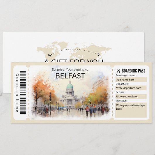 Bewerkbaar Belfast Vliegticket, Ierland Trip Kaart (Voorkant / Achterkant)