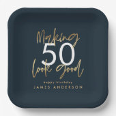 bewerkbaar Birthday blauw en goud eenvoudig elegan Papieren Bordje (Voorkant)