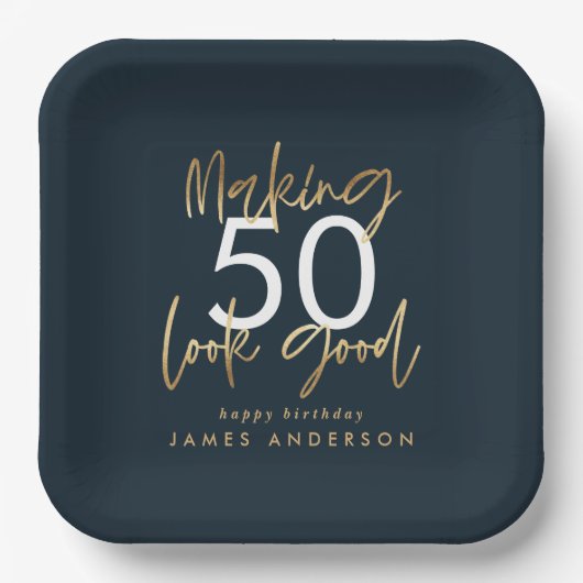 bewerkbaar Birthday blauw en goud eenvoudig elegan Papieren Bordje (Voorkant)