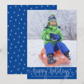 Bewerkbaar blauw | Prettige feestdagen White Scrip Feestdagenkaart (Voorkant / Achterkant)