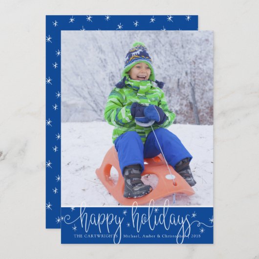 Bewerkbaar blauw | Prettige feestdagen White Scrip Feestdagenkaart (Voorkant / Achterkant)