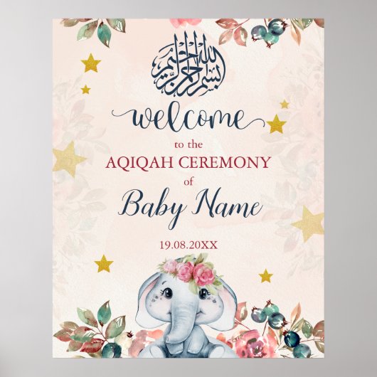 Bewerkbaar Boho Olifant Aqiqah Aqeeqah Poster teke (Voorkant)