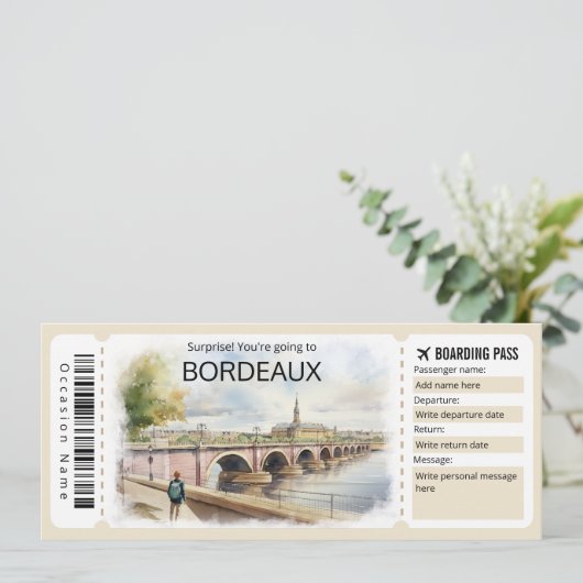 Bewerkbaar Bordeaux Vliegticket, Frankrijk Trip Kaart (Staand voorkant)