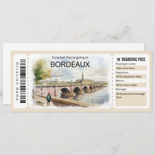 Bewerkbaar Bordeaux Vliegticket, Frankrijk Trip Kaart (Voorkant / Achterkant)