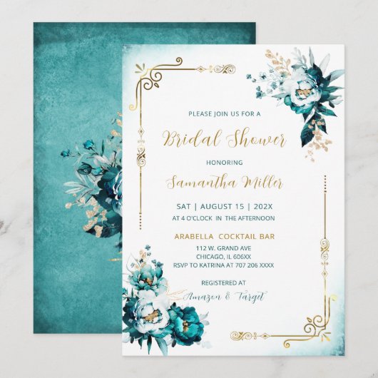Bewerkbaar Bruidsfeest Teal en Goud Kaart (Voorkant / Achterkant)