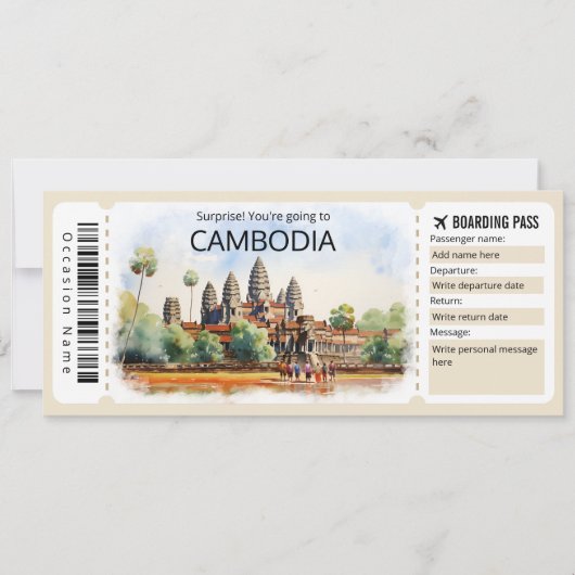 Bewerkbaar Cambodja Vliegticket, Cambodja Trip Kaart (Voorkant)
