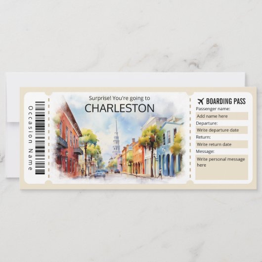 Bewerkbaar Charleston Vliegticket, South Carolina Kaart (Voorkant)