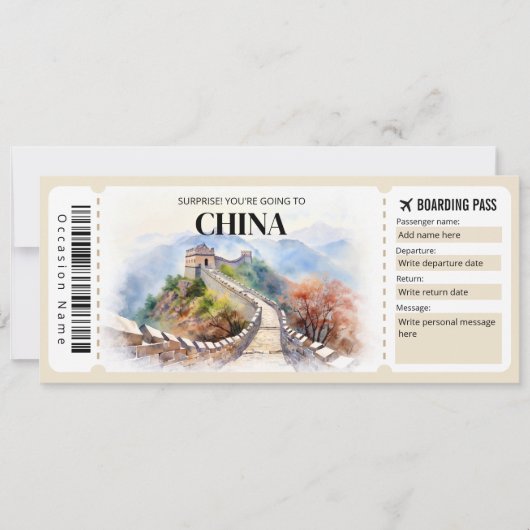 Bewerkbaar China Boarding Pass Vliegticket Kaart (Voorkant)