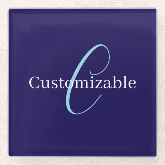 Bewerkbaar Cursief Script Monogram Purplish Blue Glazen Onderzetter (Voorkant)